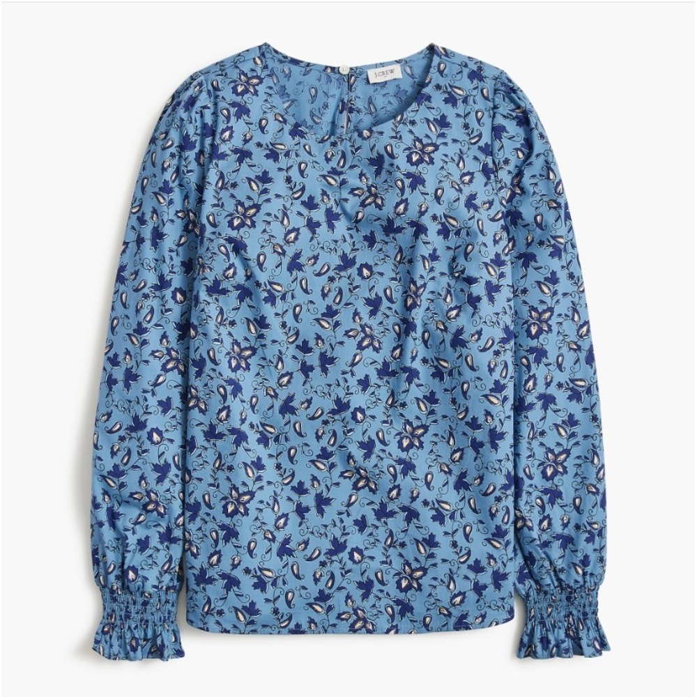 J.Crew Long Sleeve Printed Poplin Blouse Blue Floral Block Print Cotton Large